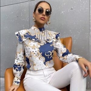 Baroque & Striped Print Ruffle Trim Blouse- Size 8/10L